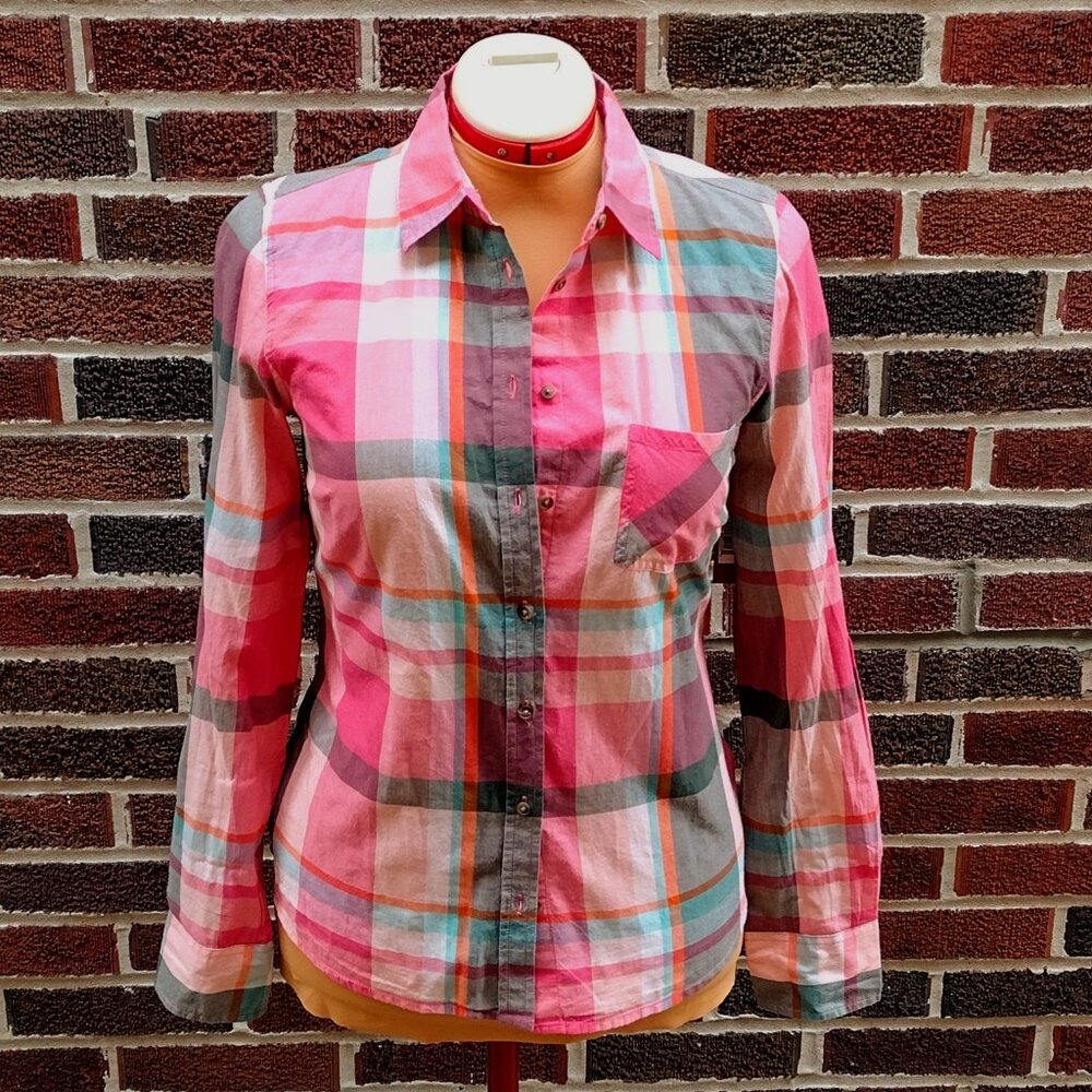NWT Merona Pink Mixed Colors Plaid Cotton Long Sleeve Button Up Shirt, Size XS